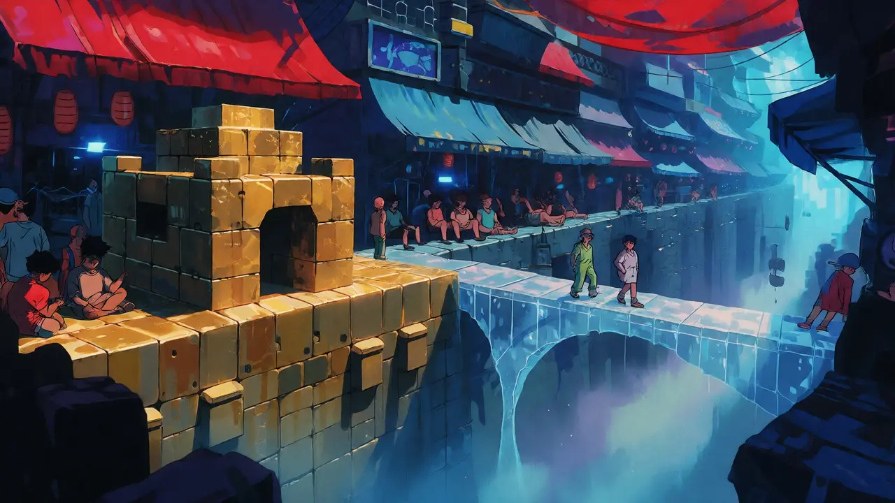 Cyberpunk anime marketplace contrasting a solid fortress of major exchanges with a fragile bridge representing risky DEX listings for new tokens.