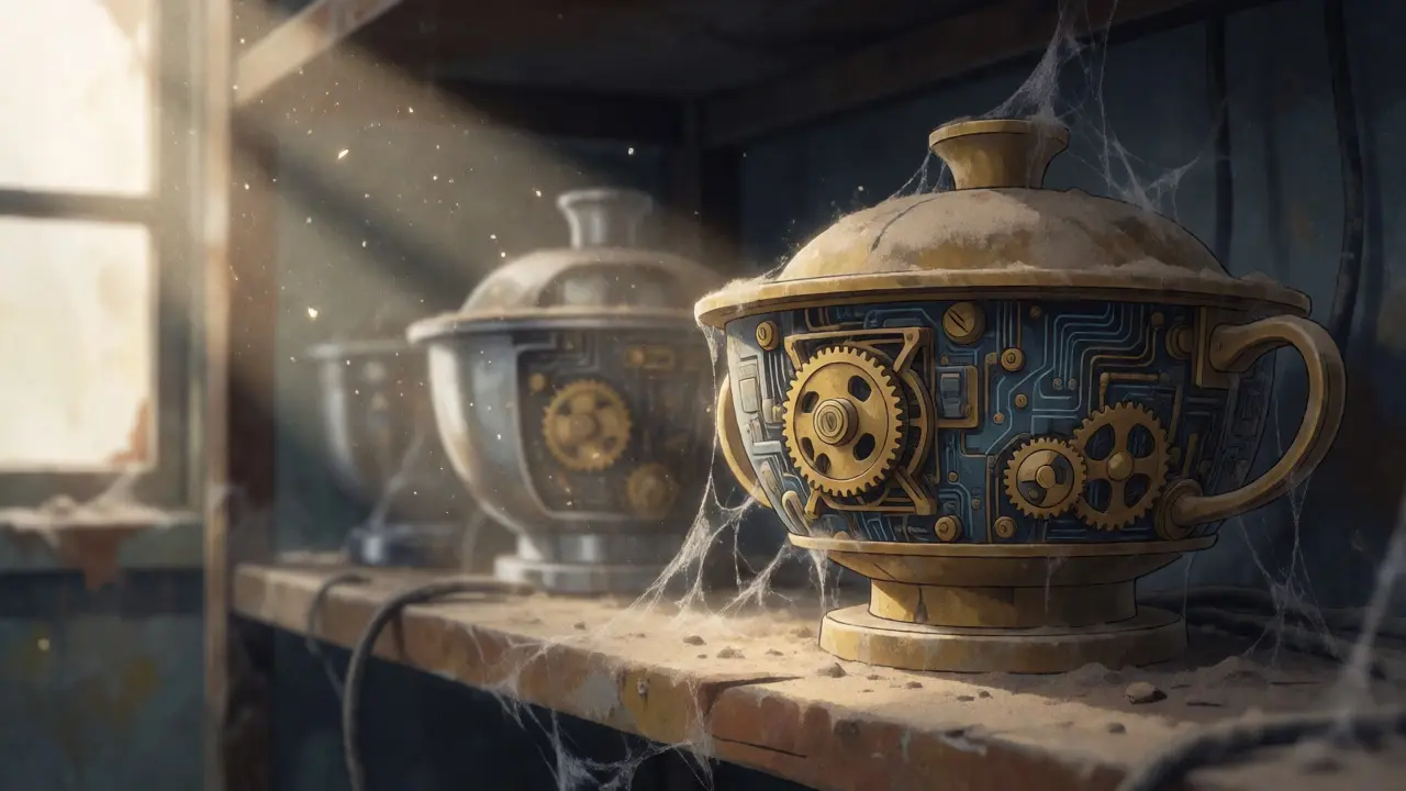 Dusty, abandoned mechanical soup bowl machine in retro anime style