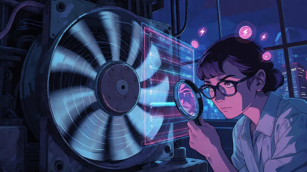 Engineer analyzing ASIC miner profitability metrics with holographic overlays