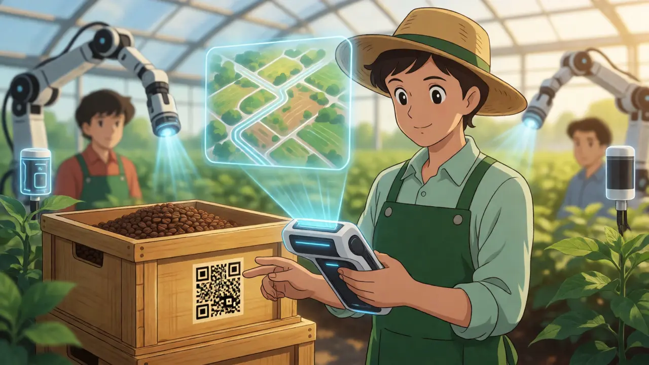 Farmer scanning coffee beans with a device projecting a holographic supply chain map