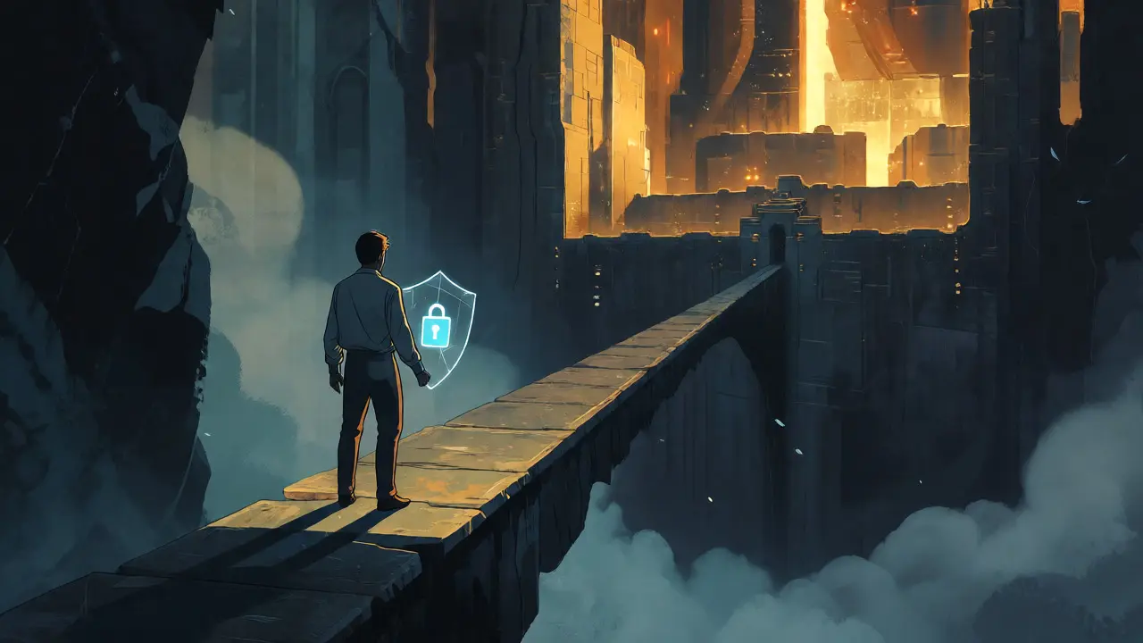 Figure on bridge facing void vs distant secure exchange fortress