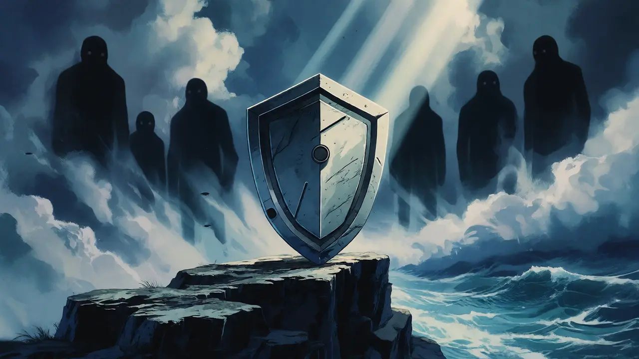 Futuristic shield on cliff edge facing stormy sea, symbolizing security uncertainty
