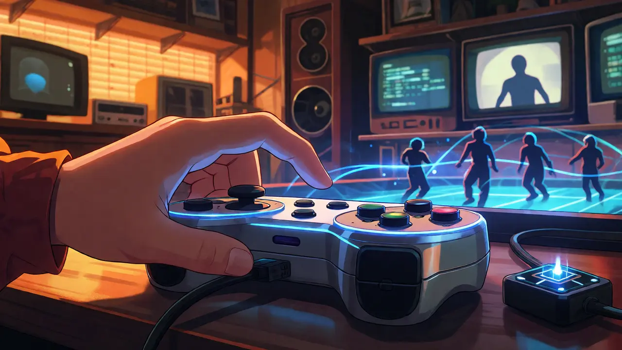 Hand touching a glowing game controller linked to a virtual esports arena