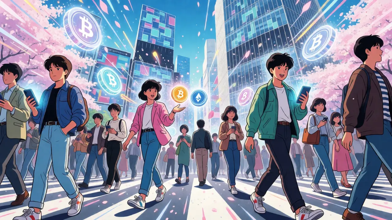Happy traders exchanging digital tokens in vibrant Shibuya