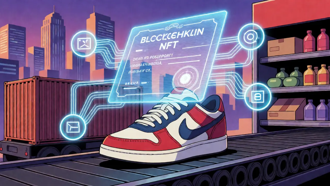 Holographic NFT passport floating over a sneaker on a conveyor belt linking logistics nodes