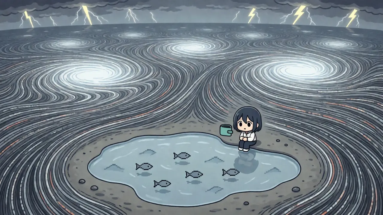 Lonely anime character beside a stagnant pool of data streams