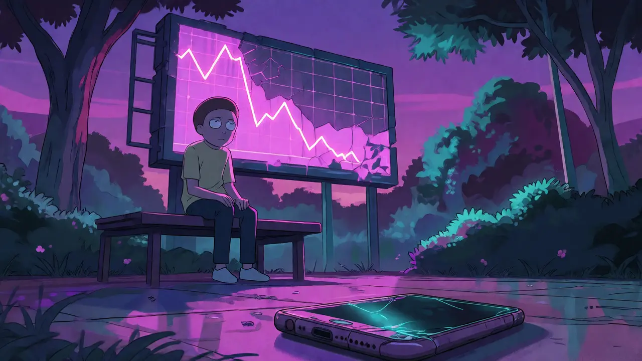 Melancholic anime figure sitting under a crashing price graph representing market decline