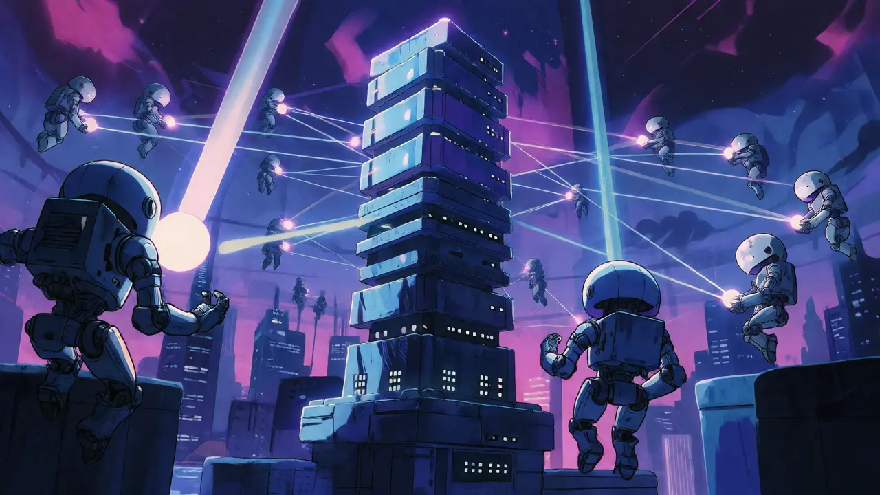 Network nodes connecting to a central blockchain tower in retro anime.