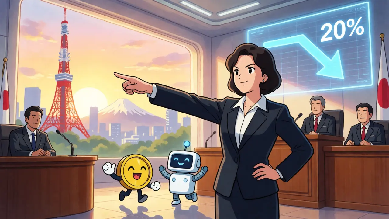 Politician pointing to rising crypto market graph in bright office