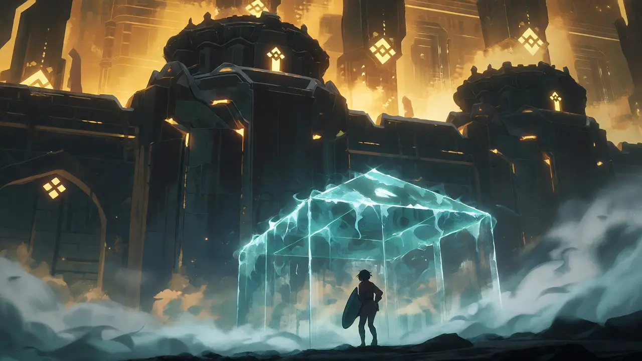 Retro anime art contrasting a massive secure exchange fortress with a fragile, transparent Bitcratic structure.
