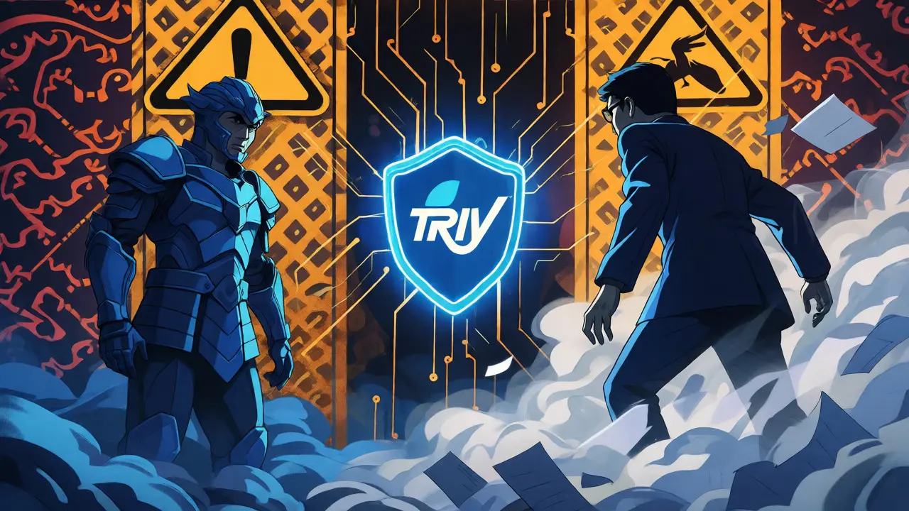 Retro anime depiction of Bappebti and OJK regulatory figures facing off over the TRIV platform shield.