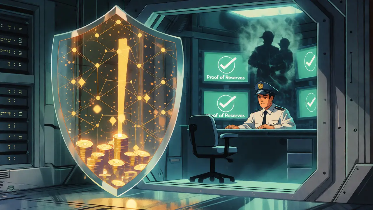 Retro anime security vault protected by a golden Merkle tree shield.