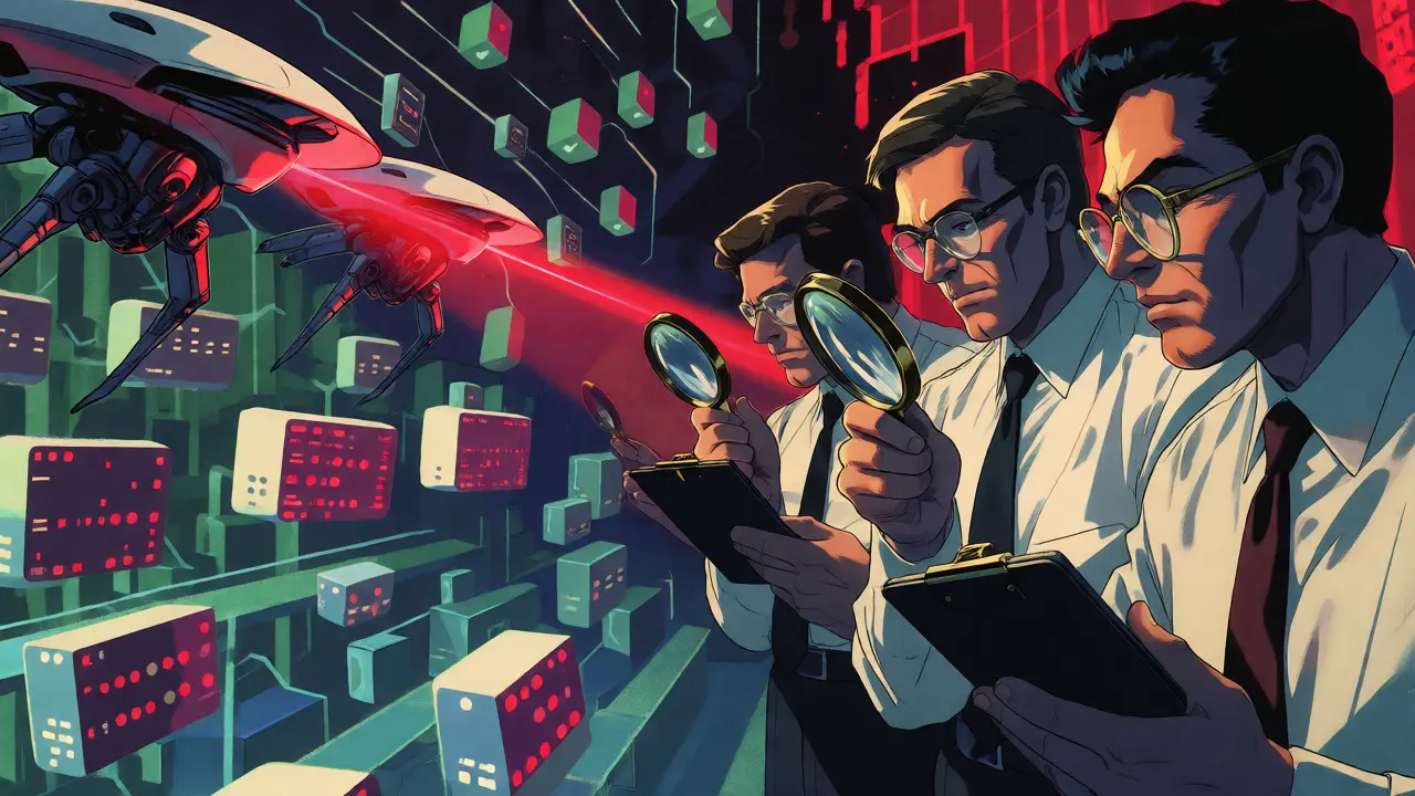 Robotic drones and human auditors inspecting floating code blocks in a dynamic retro anime scene.