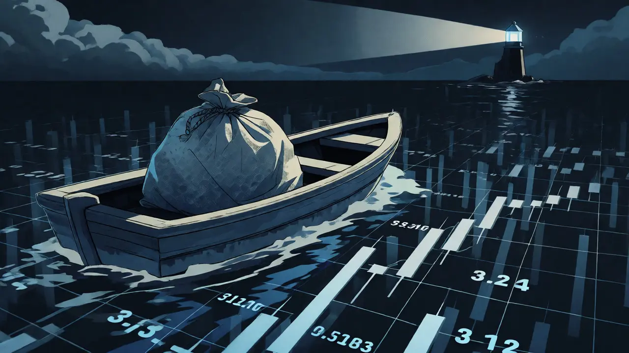 Small boat carrying heavy token sacks on a dark sea of low trading volume.