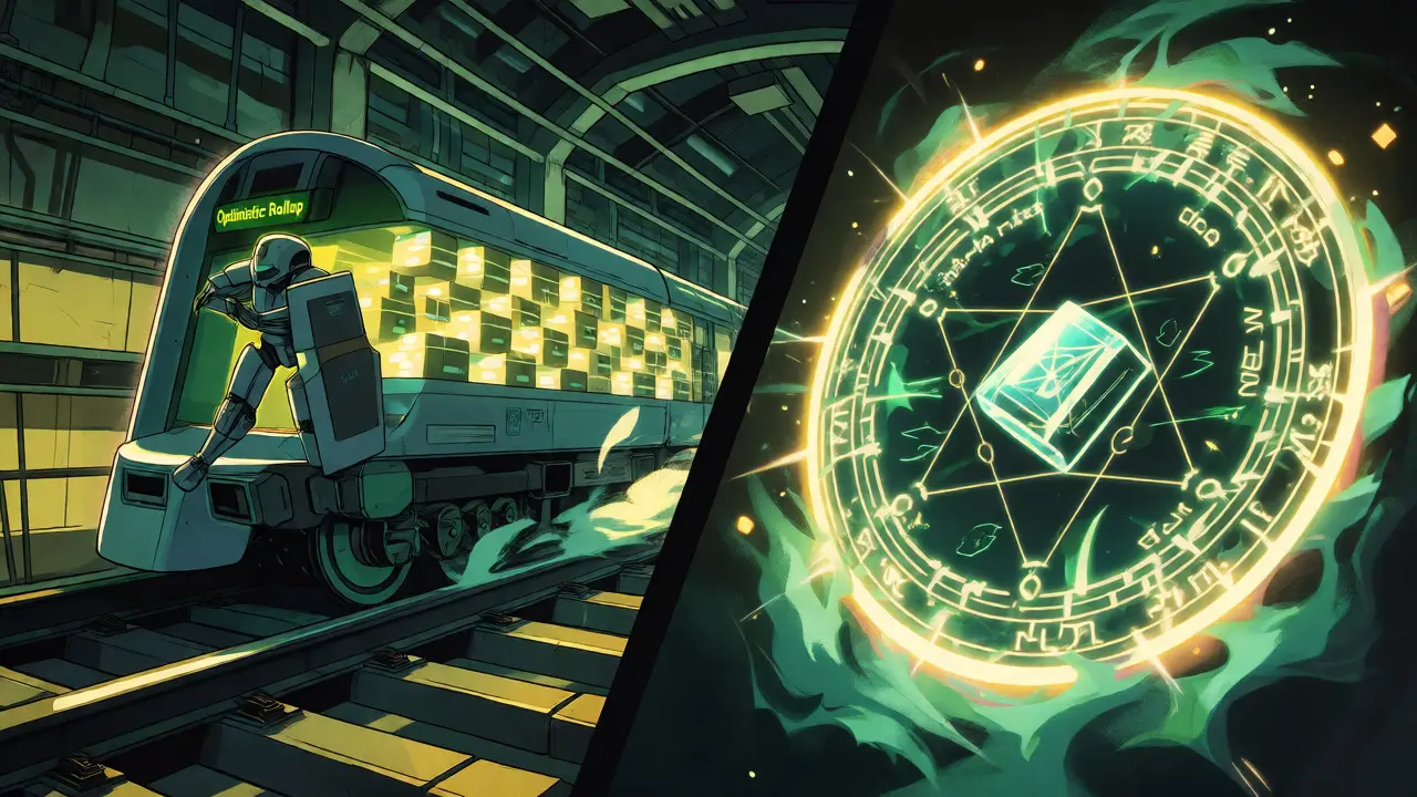 Split-screen anime art comparing Optimistic Rollup trains and ZK-Rollup magic portals.