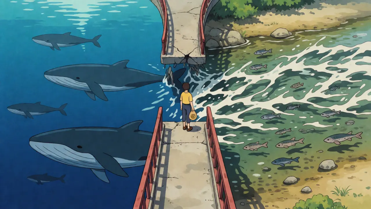 Split screen showing deep Ethereum ocean versus shallow BSC river with a fragile bridge.