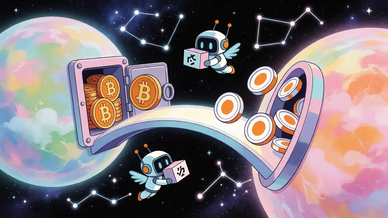 Stylized bridge connecting blockchain orbs with robots transferring assets in retro anime art.