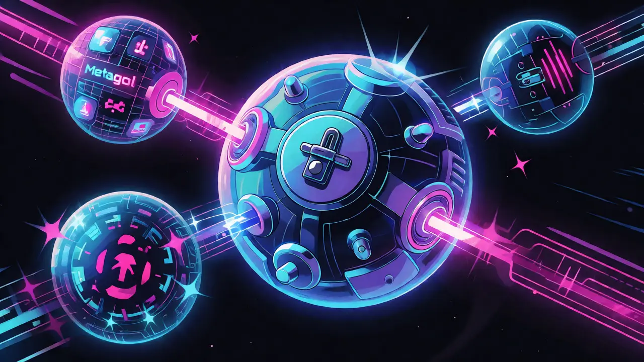 Three connected holographic spheres representing gaming, chat, and trading ecosystem