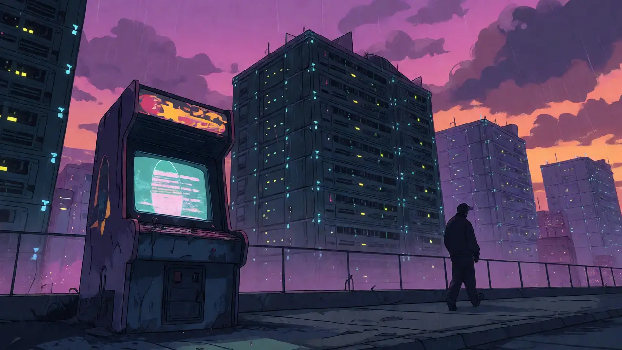Abandoned arcade cabinet in a retro anime city