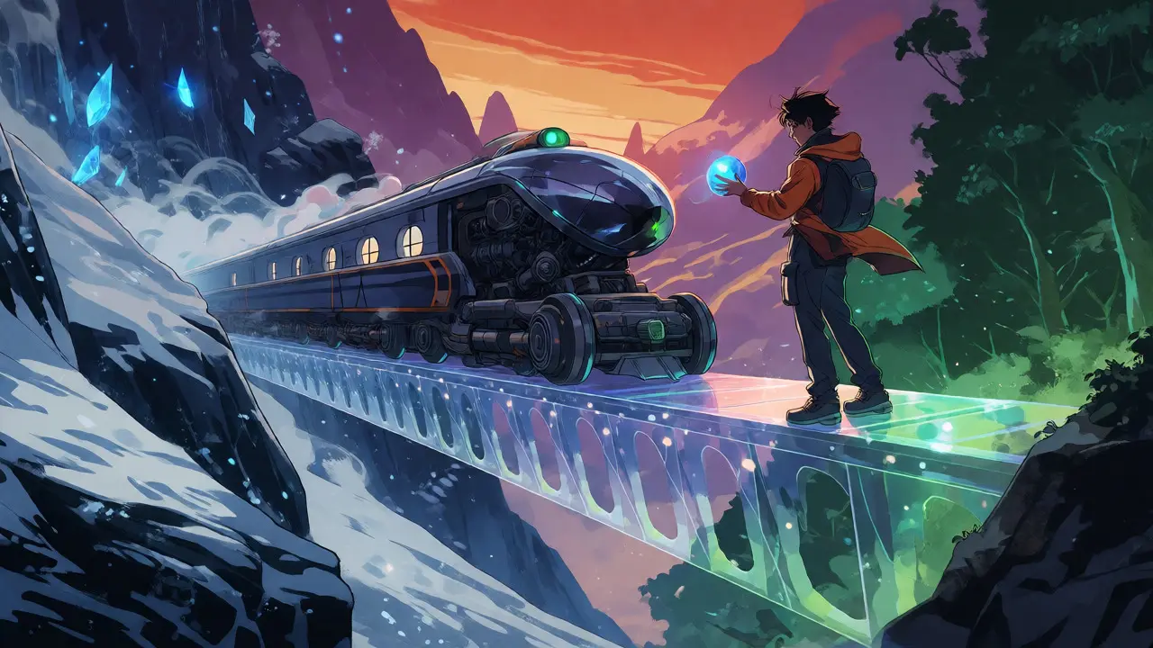 An anime character crossing a glowing bridge between a snowy mountain and a green forest, symbolizing cross-chain swaps.