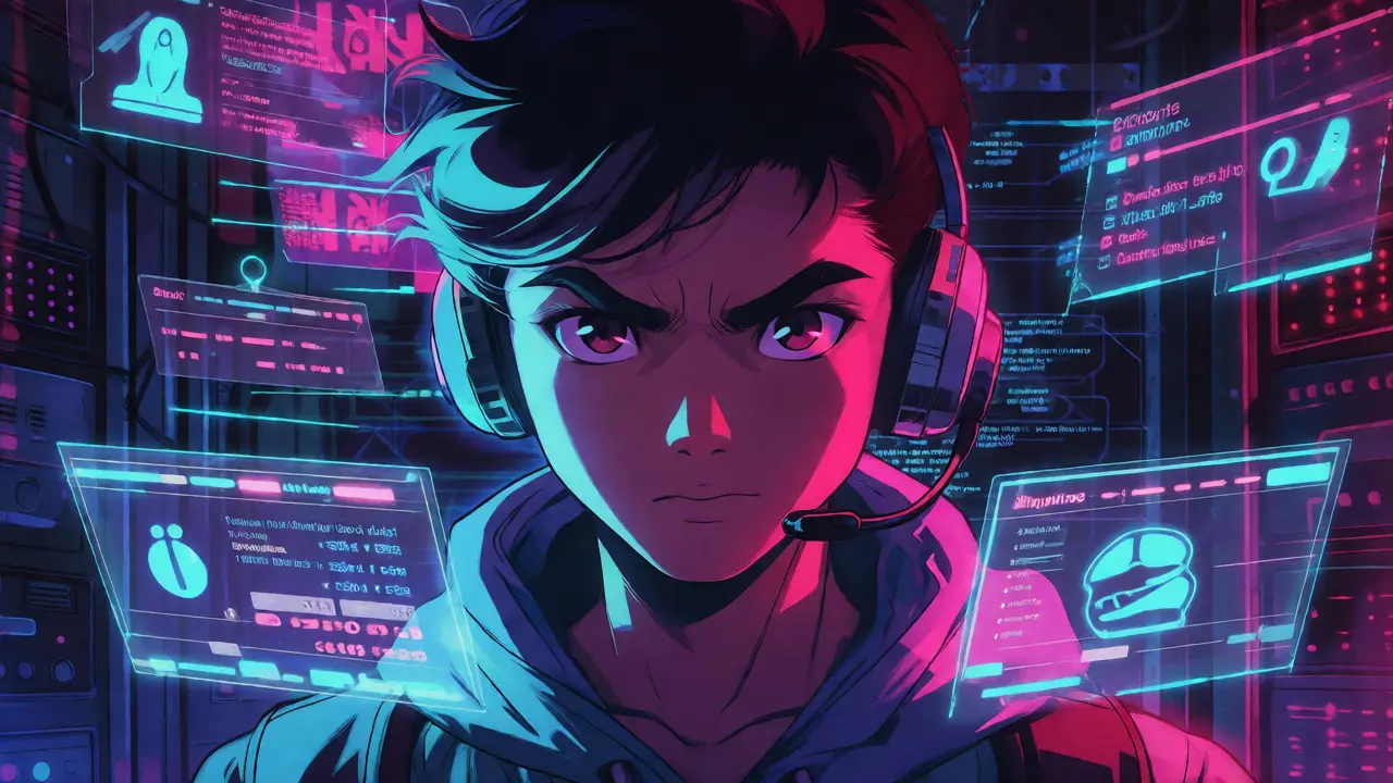 Anime character analyzing holographic network stats and airdrop criteria