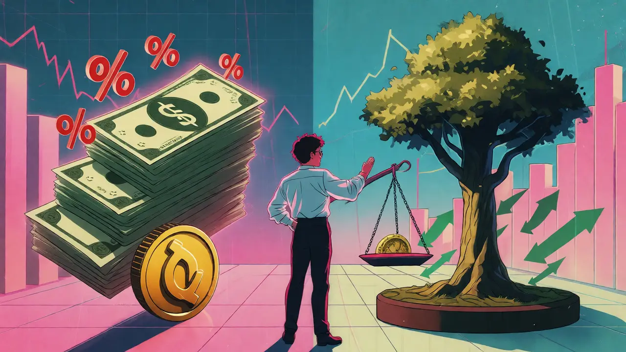 Anime character weighing income vs capital gains in a surreal financial landscape.