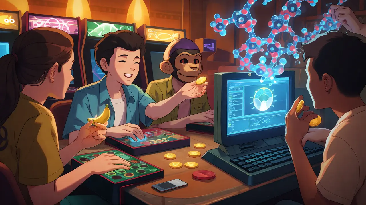 Anime characters playing games and earning crypto in a tech lounge