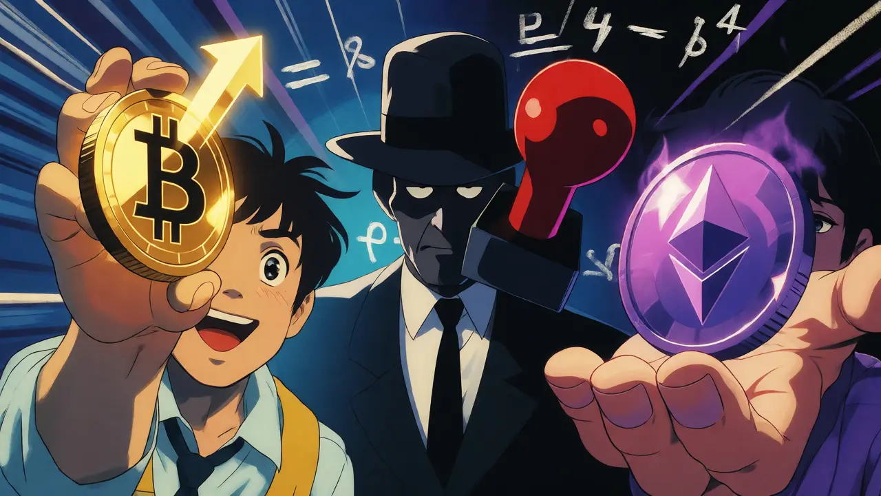 Anime depiction of Bitcoin gains and Ethereum losses separated by a tax barrier