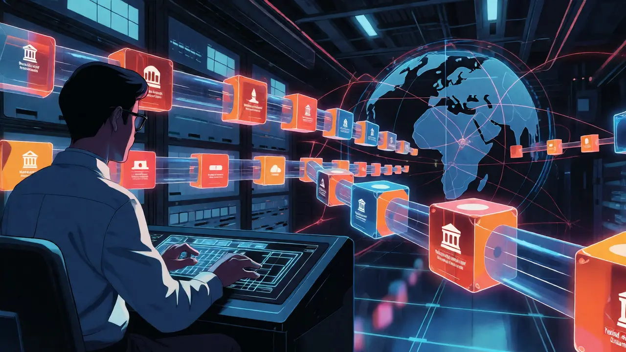 Anime engineer managing glowing data streams in a high-tech server room representing the Travel Rule.