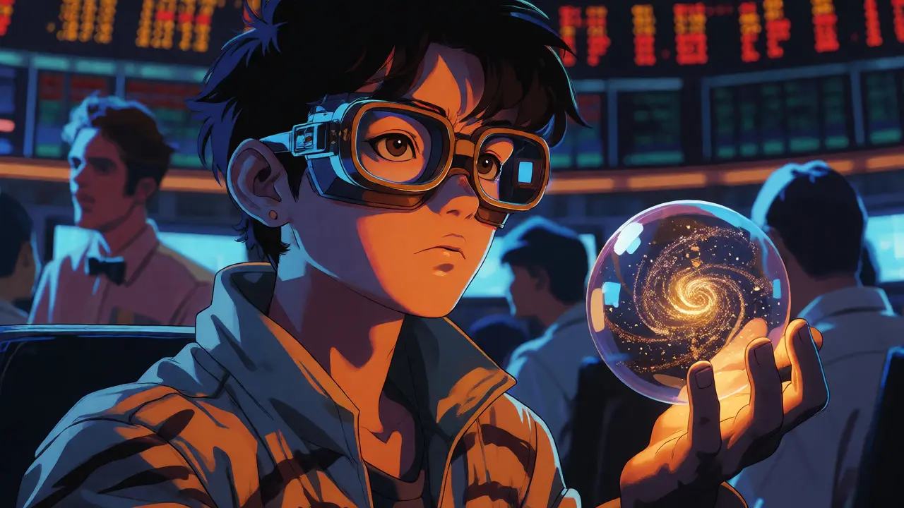 Anime investor holding glowing token sphere