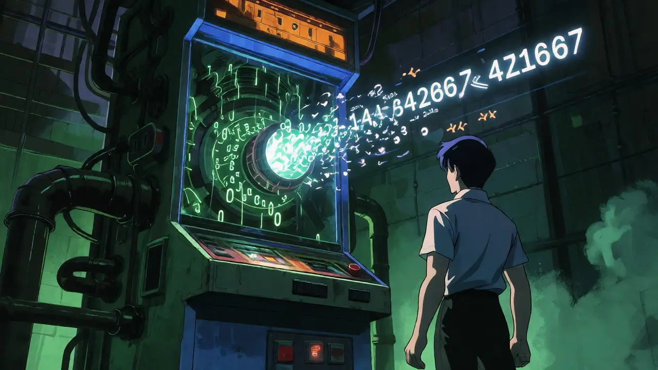 Anime scene of data transforming into a wallet address inside a machine