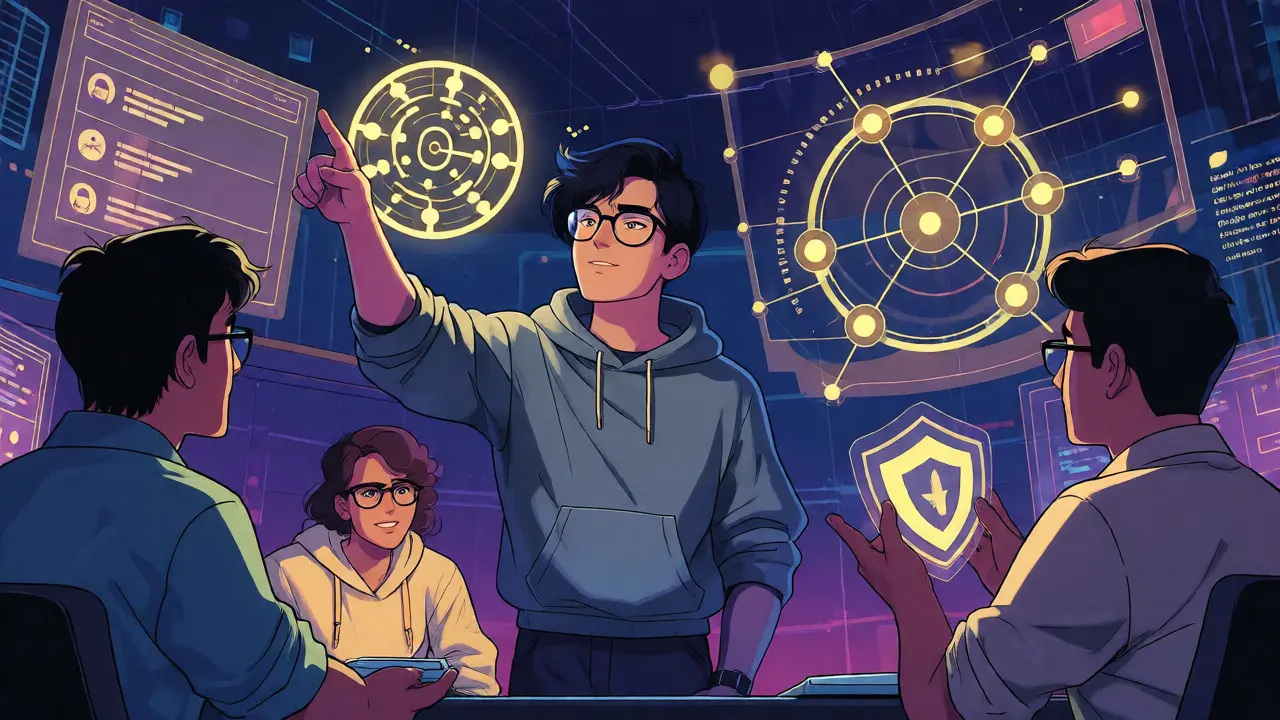 Anime team collaborating around a holographic blockchain diagram.