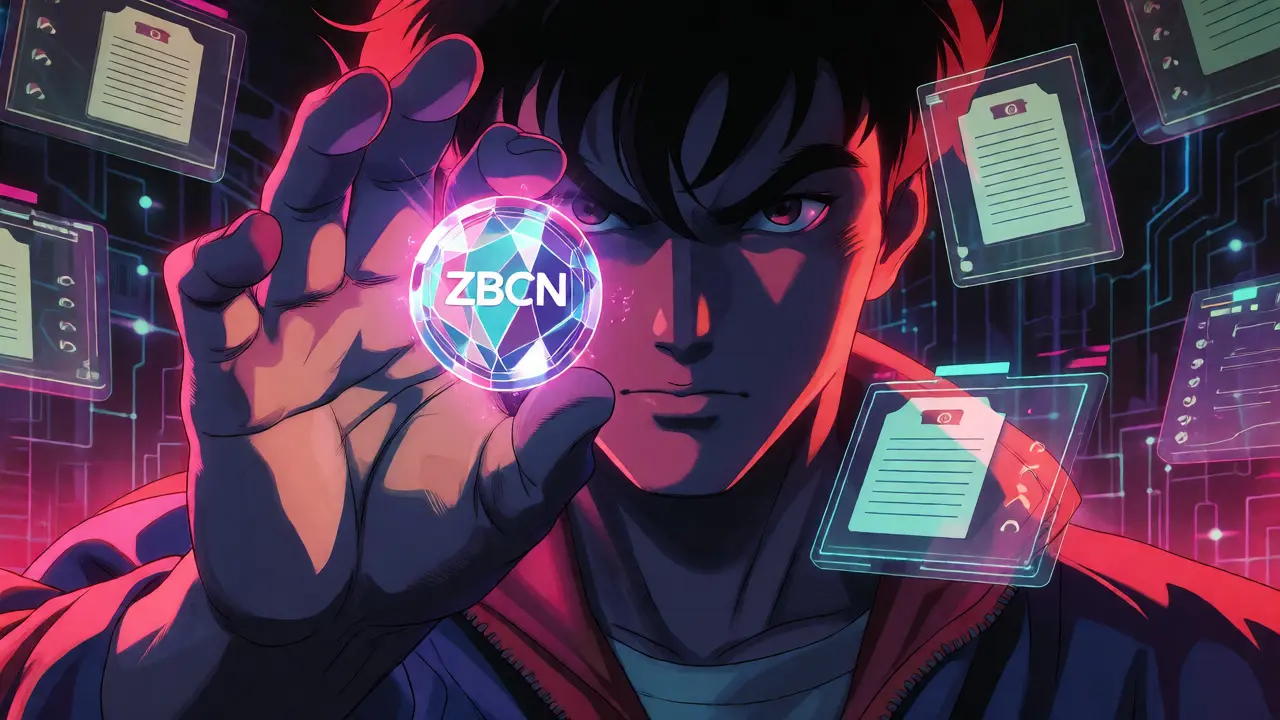 Character holding a glowing ZBCN token surrounded by holographic governance interfaces