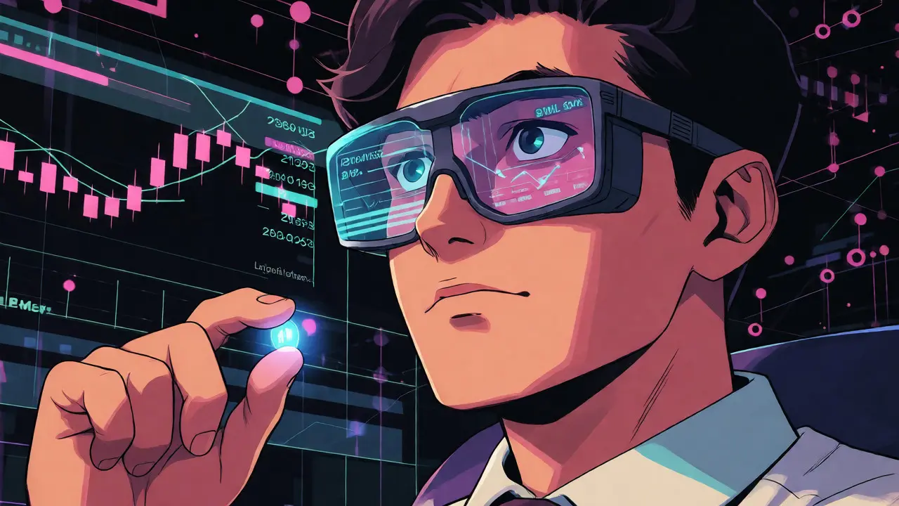 Close-up of anime trader using AR glasses to analyze complex derivative markets.