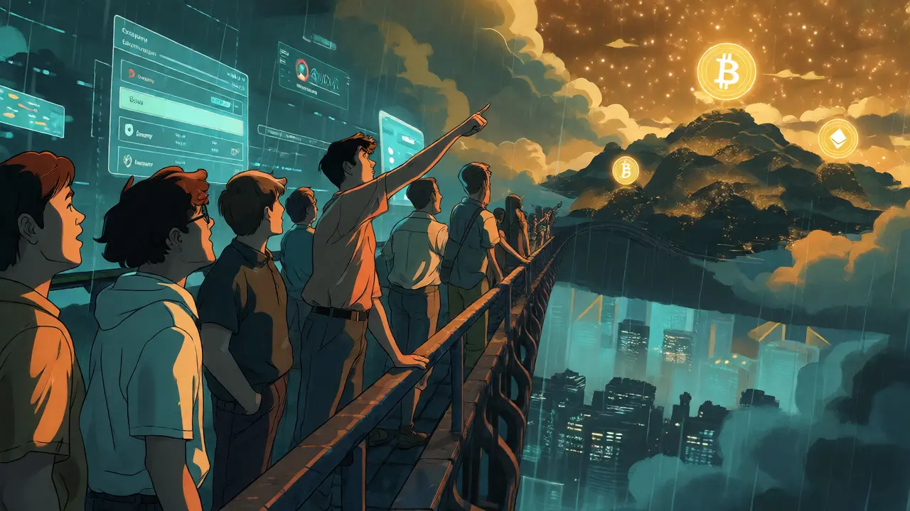 Community members looking toward future cross-chain islands in rainy neon cityscape