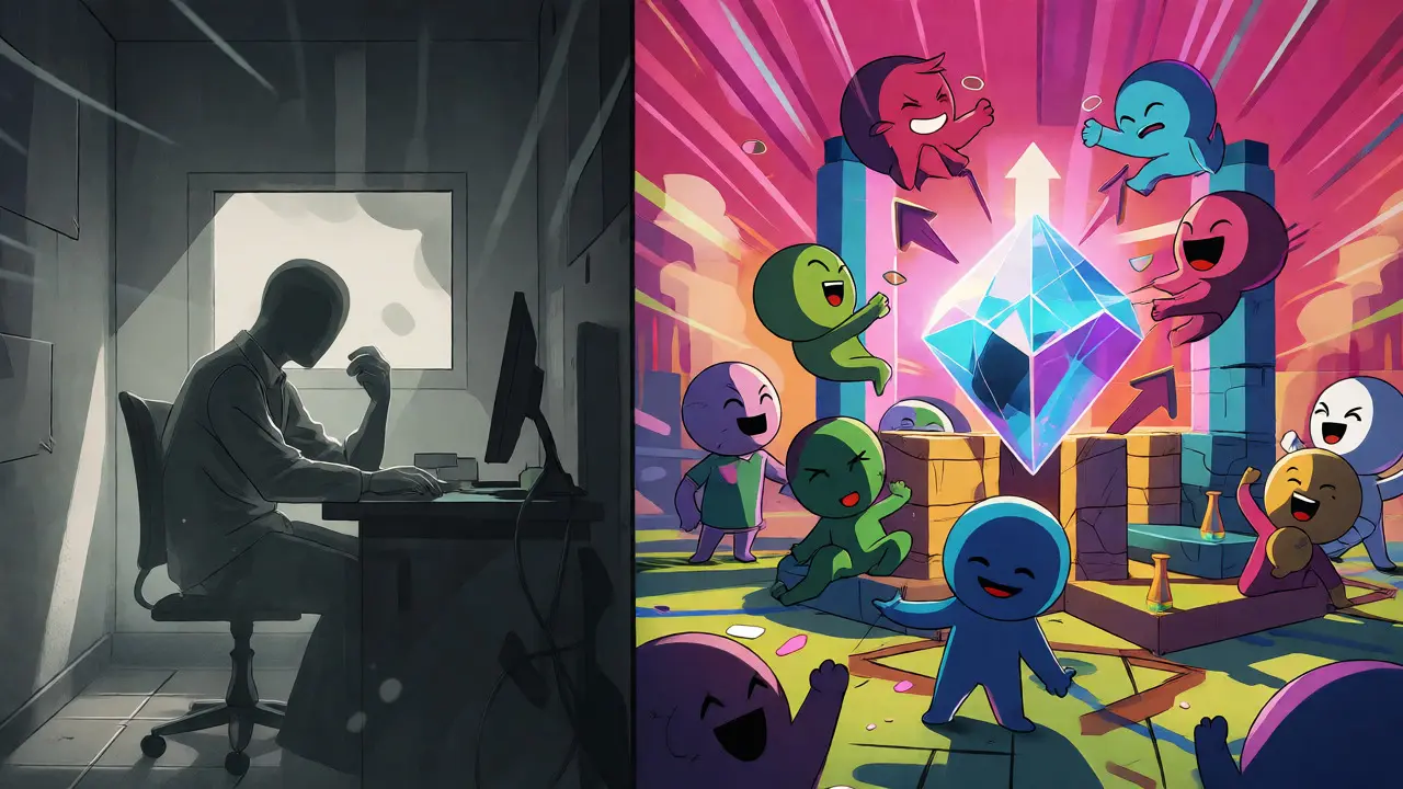 Contrast between isolated dev and vibrant community building a protocol.