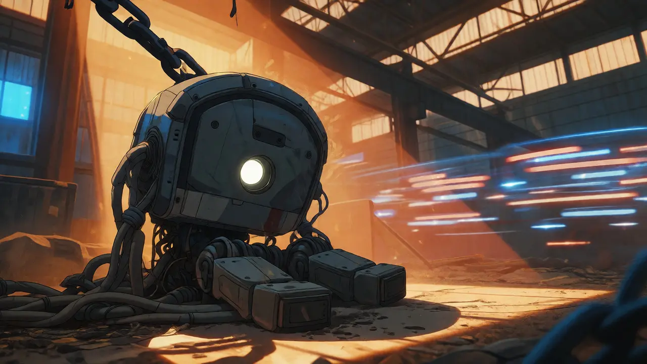 Dormant anime-style robot covered in cables sitting in an abandoned warehouse, left behind by others.