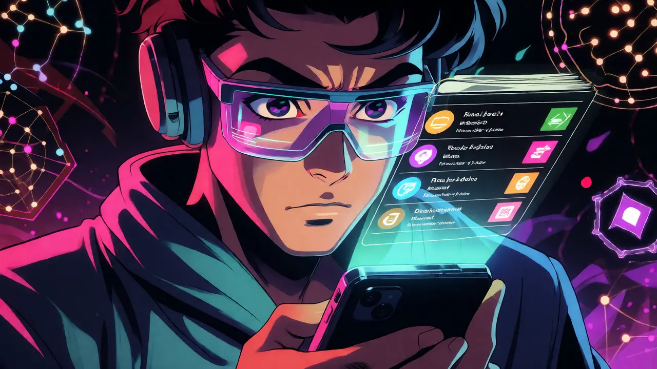 Focused anime investor scanning holographic ledgers to track DeFi transactions.