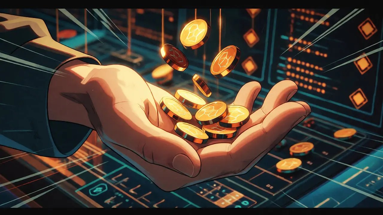 Hand catching glowing SENSO tokens against a digital Web3 marketplace background in retro anime style