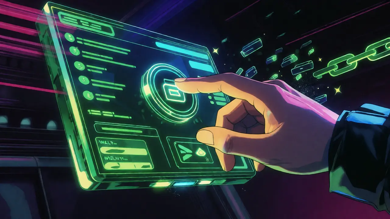 Hand connecting to a decentralized exchange hologram breaking digital chains