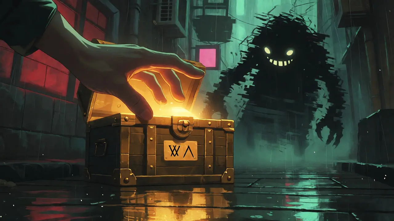 Hand reaching for treasure chest with lurking glitch monster in cyberpunk alley