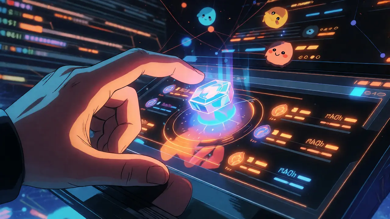 Hand touching glowing PERRY token on futuristic DeFi dashboard with orbiting mascots