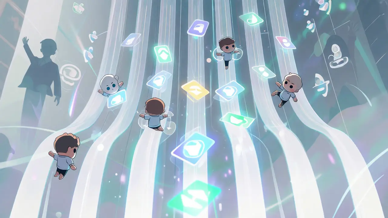 Parallel light streams representing block-lattice transactions in anime art
