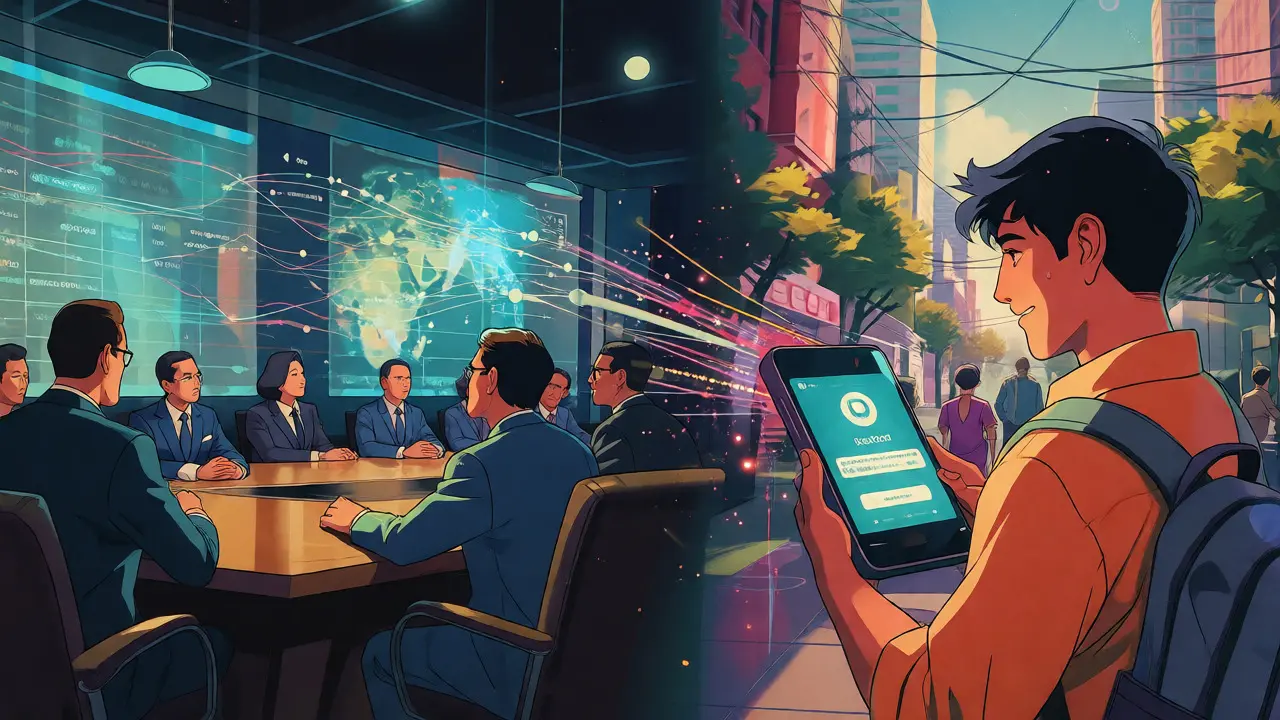Split view of corporate boardrooms and gig workers connected by digital payment streams
