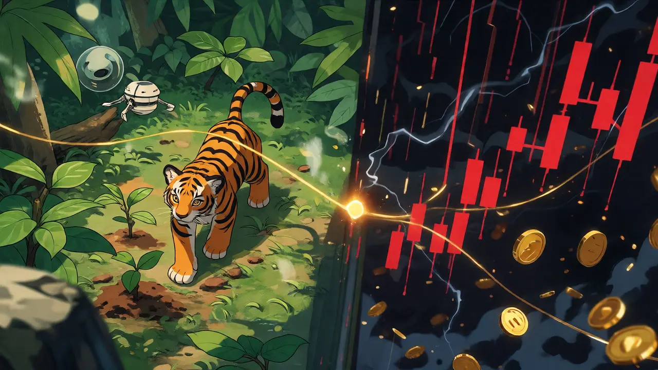Split view of jungle conservation and crypto volatility
