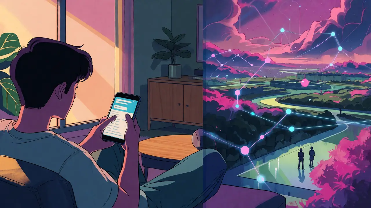 Split view of user on phone and metaverse landscape illustrating SENSO ecosystem in retro anime style