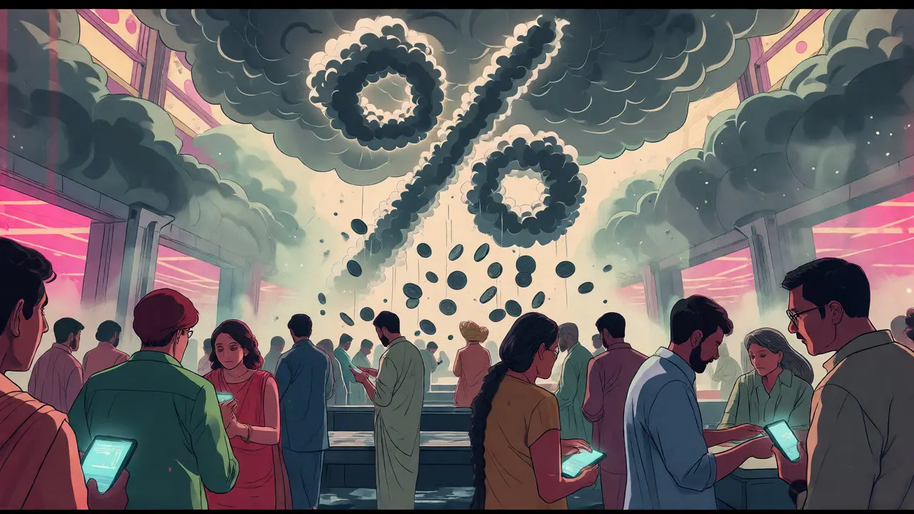 Traders on a busy exchange floor under a looming cloud of tax burdens