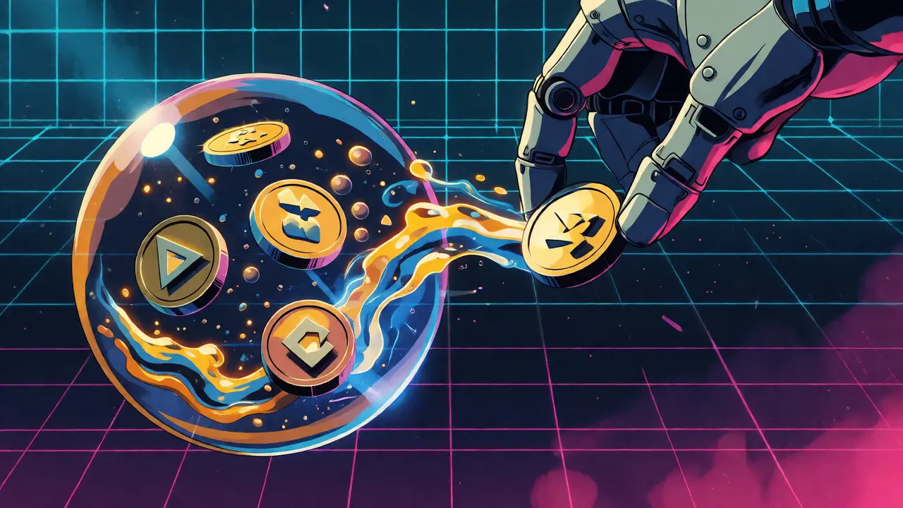 Two glowing spheres exchanging tokens via a mechanical arm, illustrating the AMM model in retro anime style.